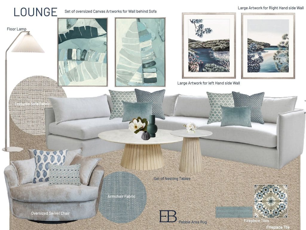 A chic living room with a modern coffee table, stylish couch, and Emma Blomfield if a blonde woman appears.