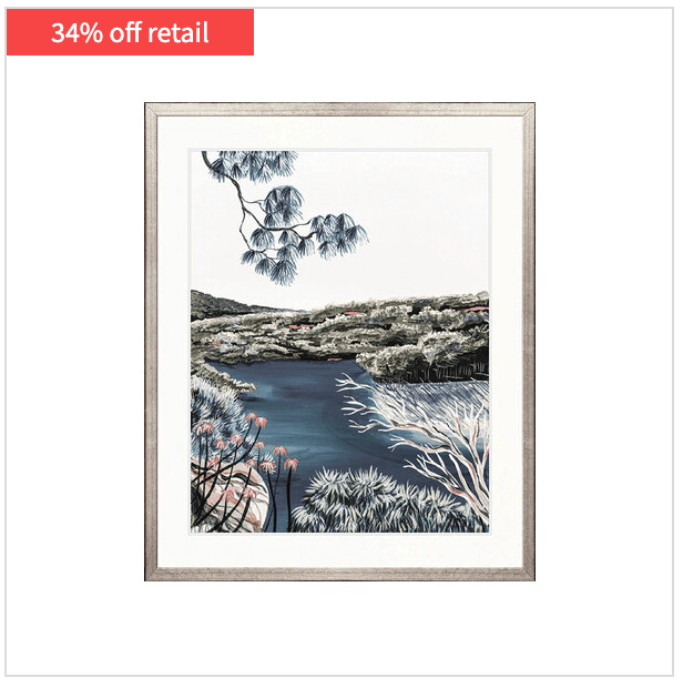 Framed landscape artwork of a lake and foliage, with "34% off retail" in the top left corner.
