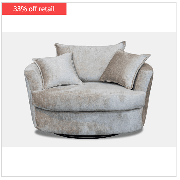 Beige swivel chair with two matching cushions on white, "33% off retail" label in top left; perfect for any decorator.