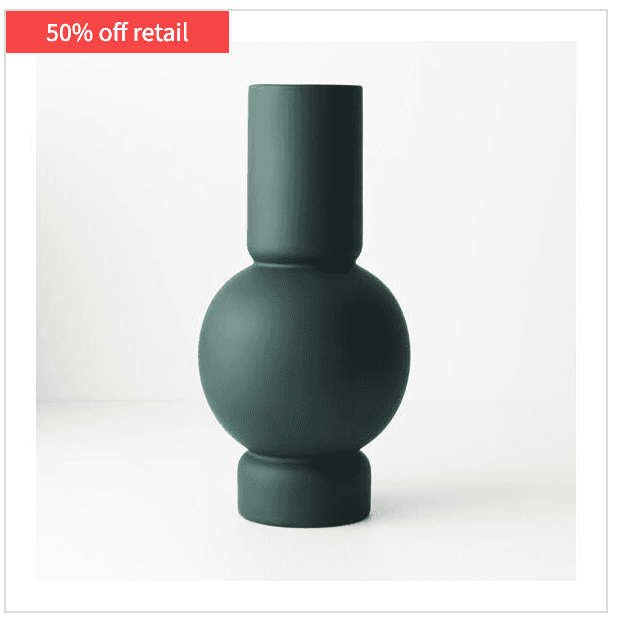 A matte dark green vase sits on white, with a "50% off retail" red banner in the top left corner.