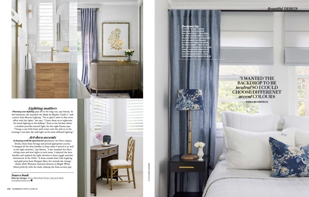 A modern bedroom with blue curtains, white bedding, gold accents, and sunlight through white shutters, plus inset images of a bathroom, study desk, and decorative details.