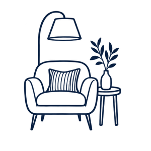 Line drawing of an armchair with a striped pillow, a floor lamp overhead, and a side table with a vase of leafy branches.