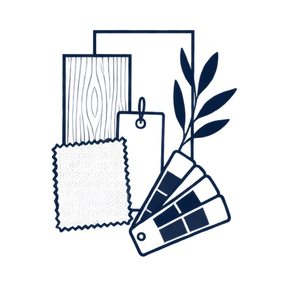 Line drawing of a fabric swatch, wood sample, paint swatches, price tag, and leafy branch stacked vertically.