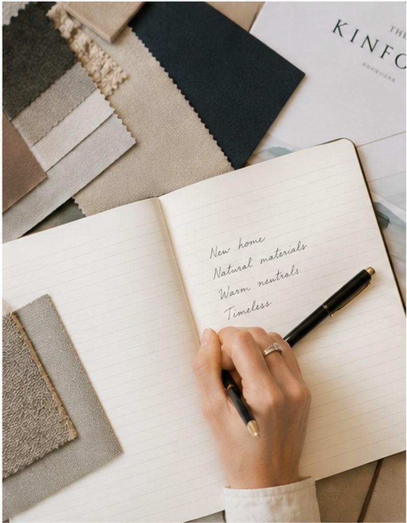 A hand writes a list in a notebook on a desk with fabric swatches and a magazine, featuring the items “New home,” “Natural materials,” “Warm neutrals,” and “Timeless.”.