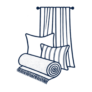 Simple line illustration of a blanket, two pillows, and curtains on a plain background.
