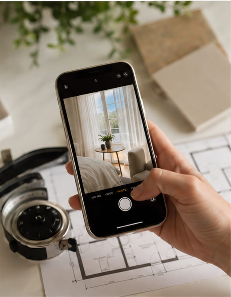 A hand holds a smartphone to photograph a bedroom, with a camera, floor plan, and color samples on the table below.