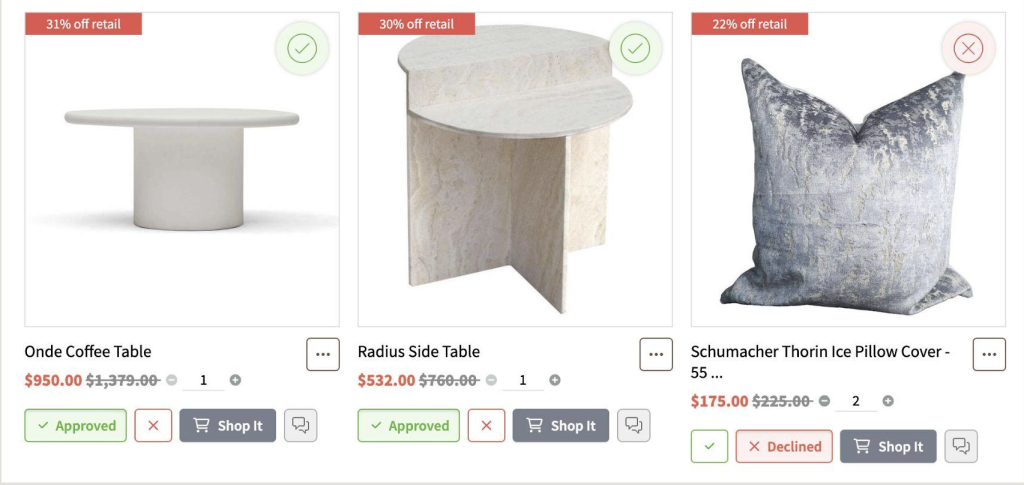 Three discounted furniture items—a round coffee table, a round side table, and a blue-grey pillow cover—are shown with approval or decline status.