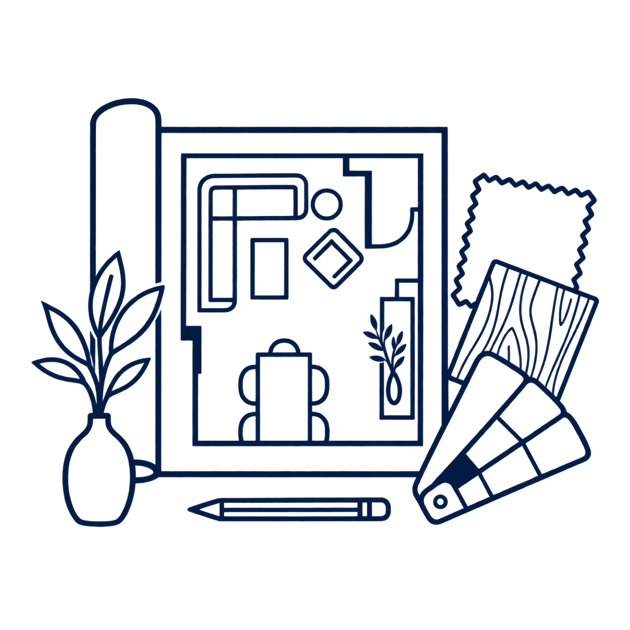 Line drawing showing a floor plan, pencil, plant in vase, fabric and wood samples, and color swatches on a white background.