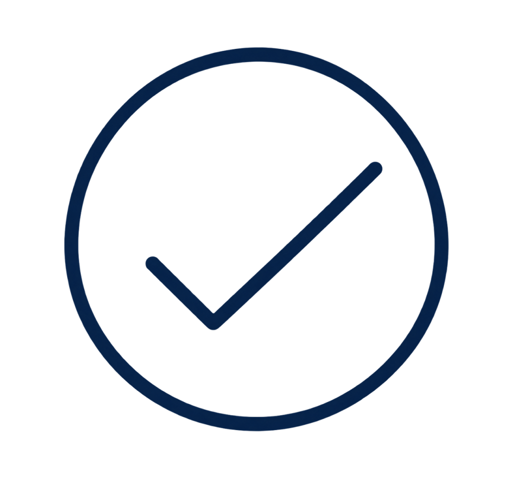 A dark blue check mark inside a circle appears on a light gray background.
